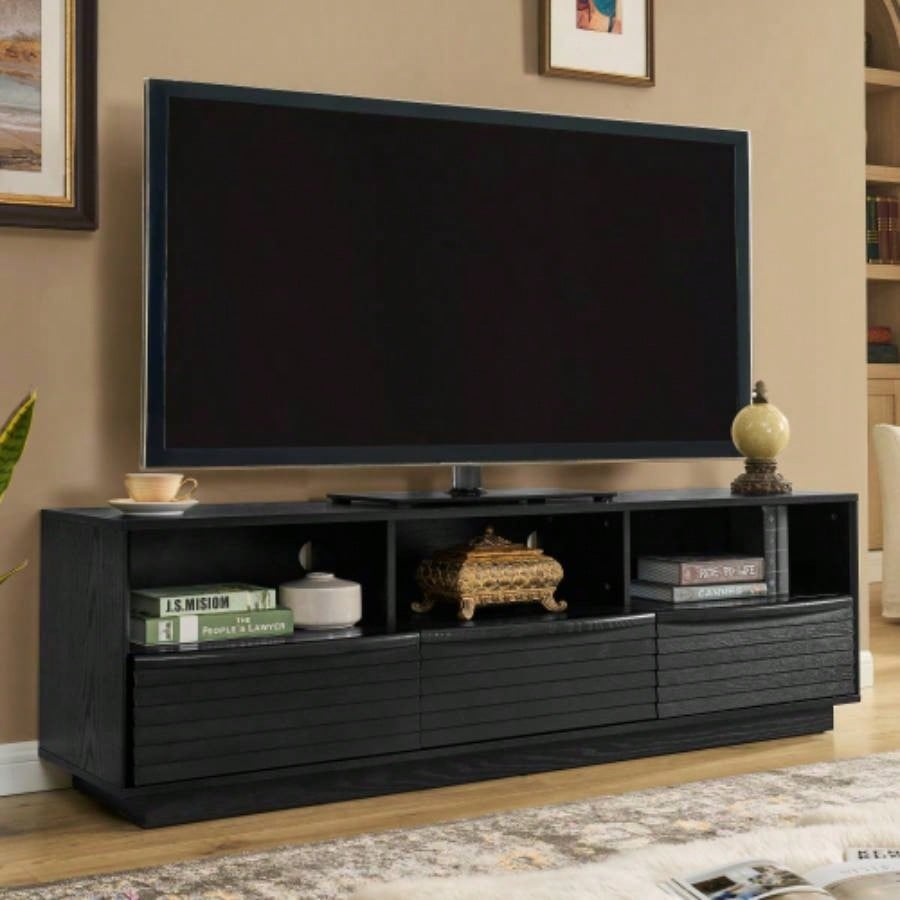 63 Mid - Modern TV Stand TVs up to 75 Thick Sturdy Farmhouse Entertainment Cabinet, Media Console Living Room, Louver Design Solid Wood Drawers Outlet Holes, Walnut