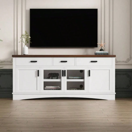 Modern White TV Console, 67 Width TV Stand, Glass Doors Storage Drawers, Adjustable Shelves