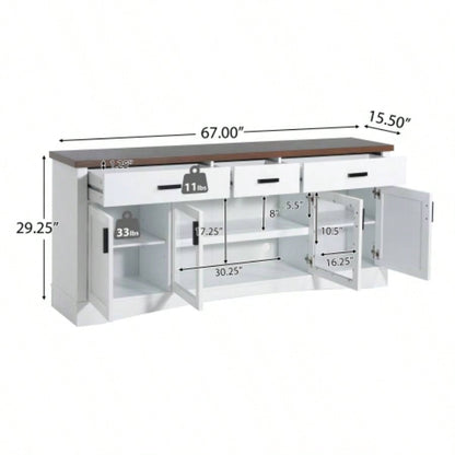 Modern White TV Console, 67 Width TV Stand, Glass Doors Storage Drawers, Adjustable Shelves