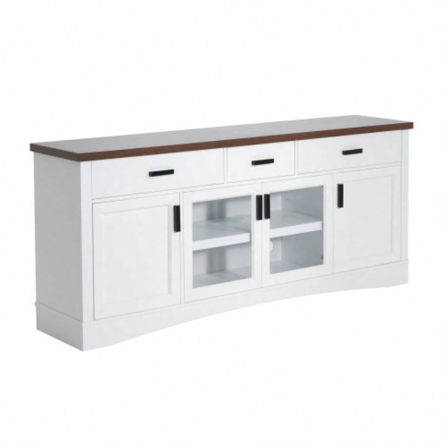 Modern White TV Console, 67 Width TV Stand, Glass Doors Storage Drawers, Adjustable Shelves