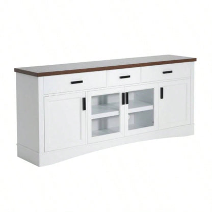 Modern White TV Console, 67 Width TV Stand, Glass Doors Storage Drawers, Adjustable Shelves