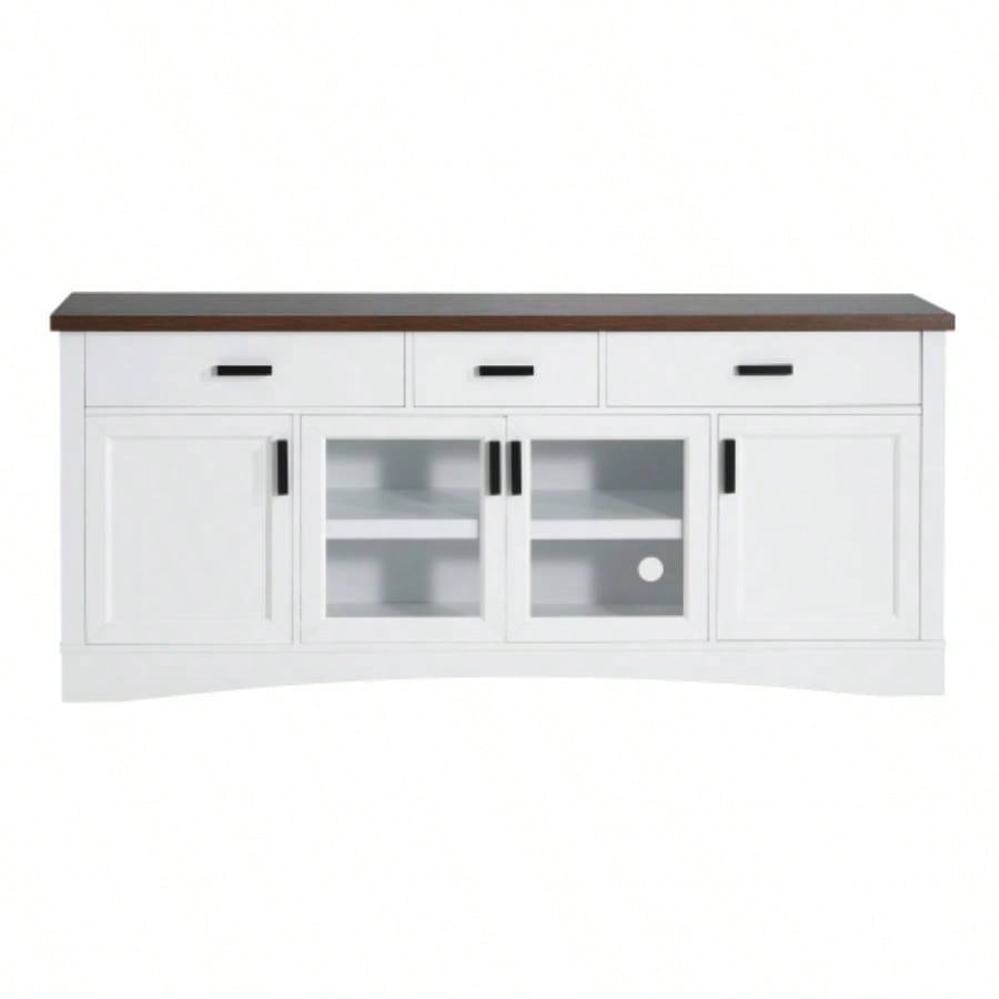 Modern White TV Console, 67 Width TV Stand, Glass Doors Storage Drawers, Adjustable Shelves