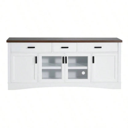 Modern White TV Console, 67 Width TV Stand, Glass Doors Storage Drawers, Adjustable Shelves