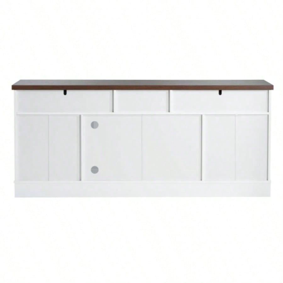 Modern White TV Console, 67 Width TV Stand, Glass Doors Storage Drawers, Adjustable Shelves
