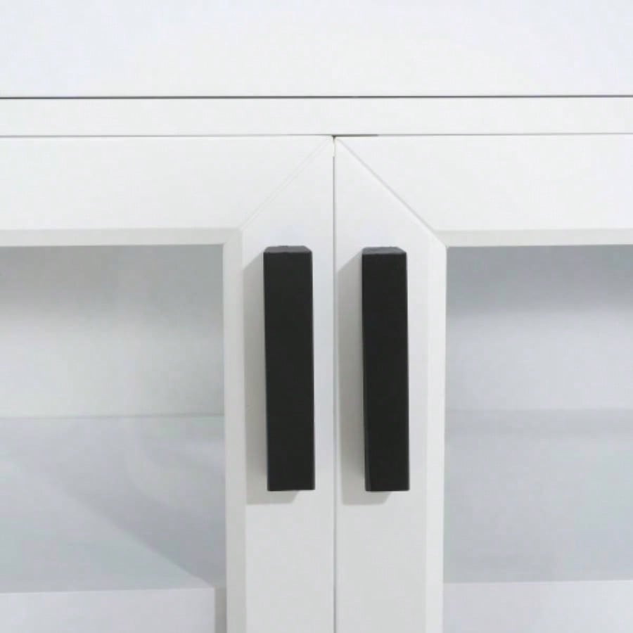 Modern White TV Console, 67 Width TV Stand, Glass Doors Storage Drawers, Adjustable Shelves