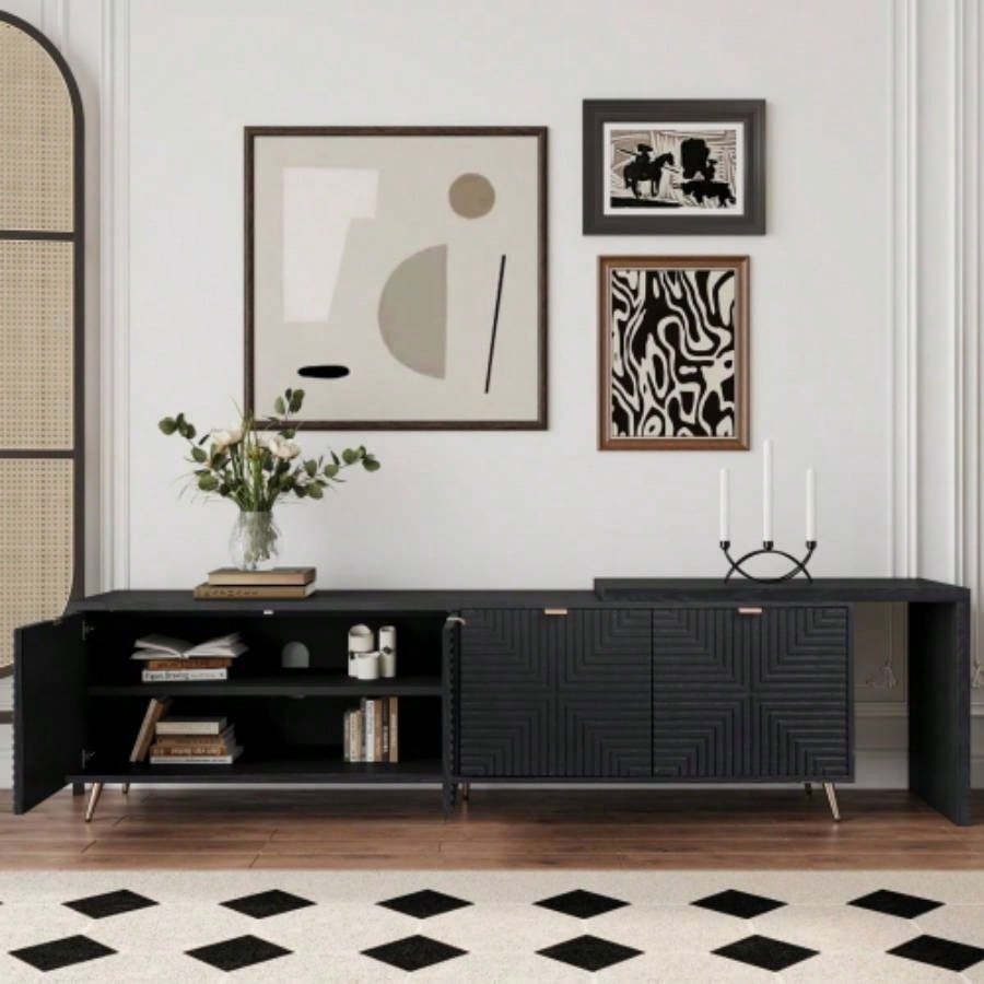 7090 Extendable TV Cabinet, Modern Entertainment Center with Storage and Adjustable Shelves, Lacquered and Real Wood Veneered TV Console Living Room, Hallway, Entryway, Black
