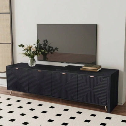 7090 Extendable TV Cabinet, Modern Entertainment Center with Storage and Adjustable Shelves, Lacquered and Real Wood Veneered TV Console Living Room, Hallway, Entryway, Black