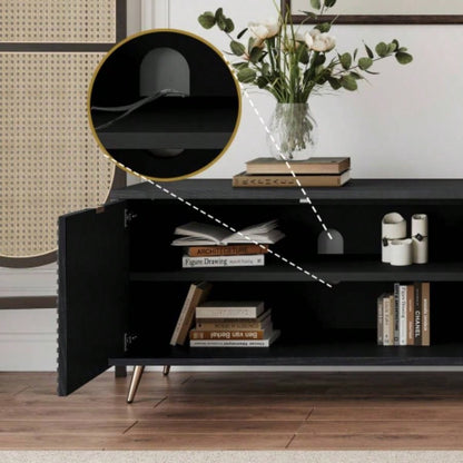 7090 Extendable TV Cabinet, Modern Entertainment Center with Storage and Adjustable Shelves, Lacquered and Real Wood Veneered TV Console Living Room, Hallway, Entryway, Black