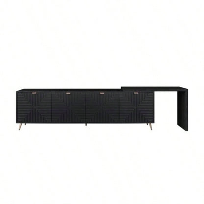 7090 Extendable TV Cabinet, Modern Entertainment Center with Storage and Adjustable Shelves, Lacquered and Real Wood Veneered TV Console Living Room, Hallway, Entryway, Black