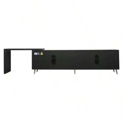 7090 Extendable TV Cabinet, Modern Entertainment Center with Storage and Adjustable Shelves, Lacquered and Real Wood Veneered TV Console Living Room, Hallway, Entryway, Black