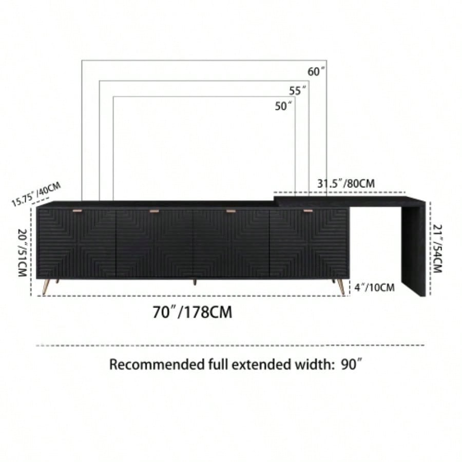 7090 Extendable TV Cabinet, Modern Entertainment Center with Storage and Adjustable Shelves, Lacquered and Real Wood Veneered TV Console Living Room, Hallway, Entryway, Black