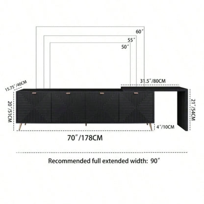 7090 Extendable TV Cabinet, Modern Entertainment Center with Storage and Adjustable Shelves, Lacquered and Real Wood Veneered TV Console Living Room, Hallway, Entryway, Black