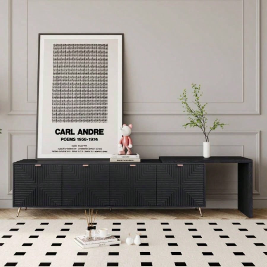 7090 Extendable TV Cabinet, Modern Entertainment Center with Storage and Adjustable Shelves, Lacquered and Real Wood Veneered TV Console Living Room, Hallway, Entryway, Black