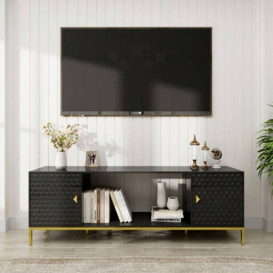 70 Inch TV Stand, Heavy Duty Wood Media Entertainment Center Console with Cabinet Storage Open Shelves Living Room, Modern Design Black