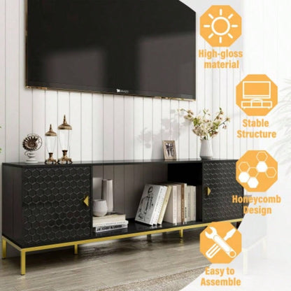 70 Inch TV Stand, Heavy Duty Wood Media Entertainment Center Console with Cabinet Storage Open Shelves Living Room, Modern Design Black