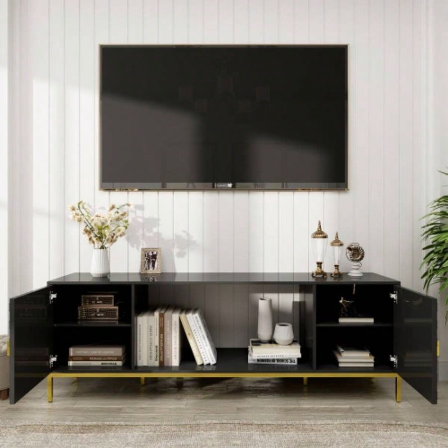 70 Inch TV Stand, Heavy Duty Wood Media Entertainment Center Console with Cabinet Storage Open Shelves Living Room, Modern Design Black