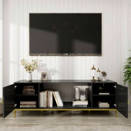70 Inch TV Stand, Heavy Duty Wood Media Entertainment Center Console with Cabinet Storage Open Shelves Living Room, Modern Design Black