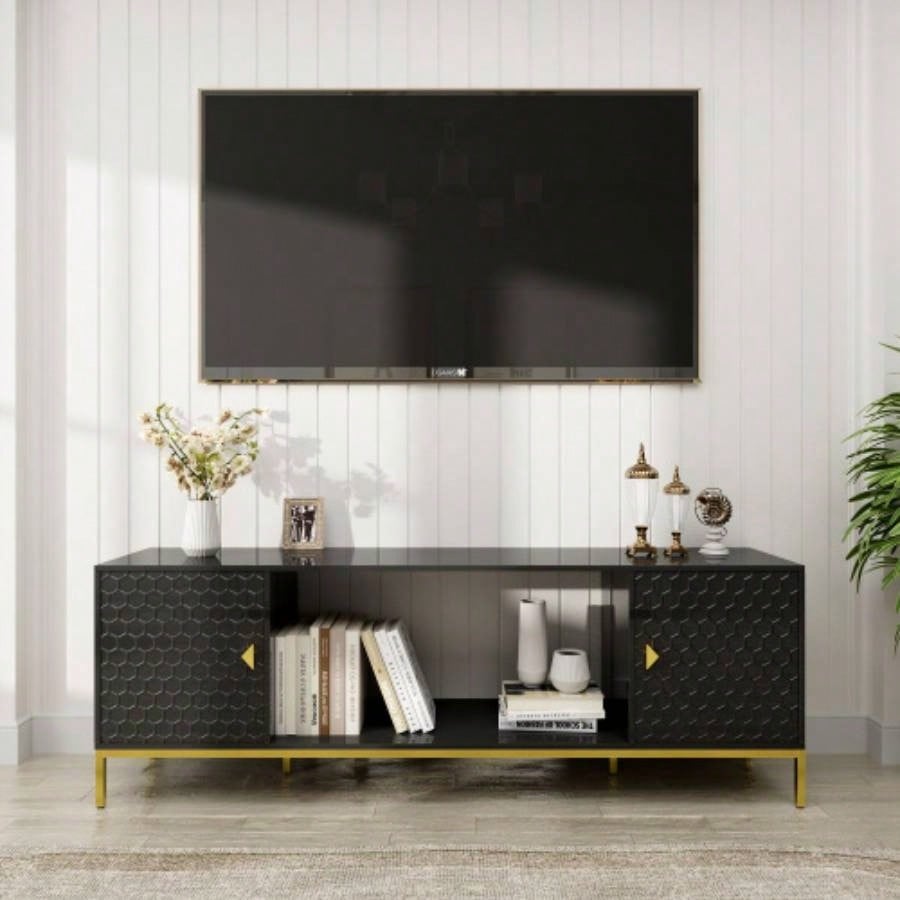 70 Inch TV Stand, Heavy Duty Wood Media Entertainment Center Console with Cabinet Storage Open Shelves Living Room, Modern Design Black