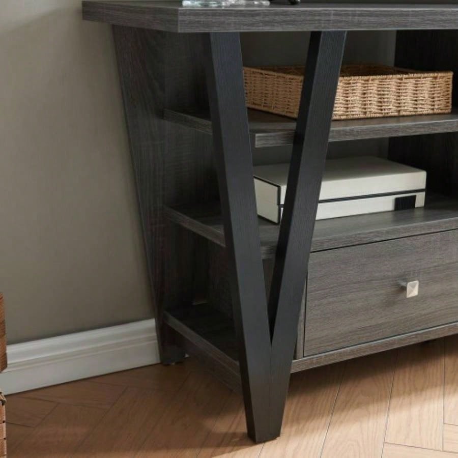 Tall TV Stand cabinet with two drawers on metal glides metal square knob handles and two divided shelf tiers