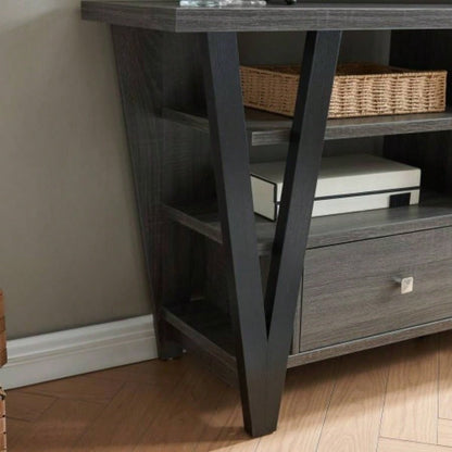 Tall TV Stand cabinet with two drawers on metal glides metal square knob handles and two divided shelf tiers