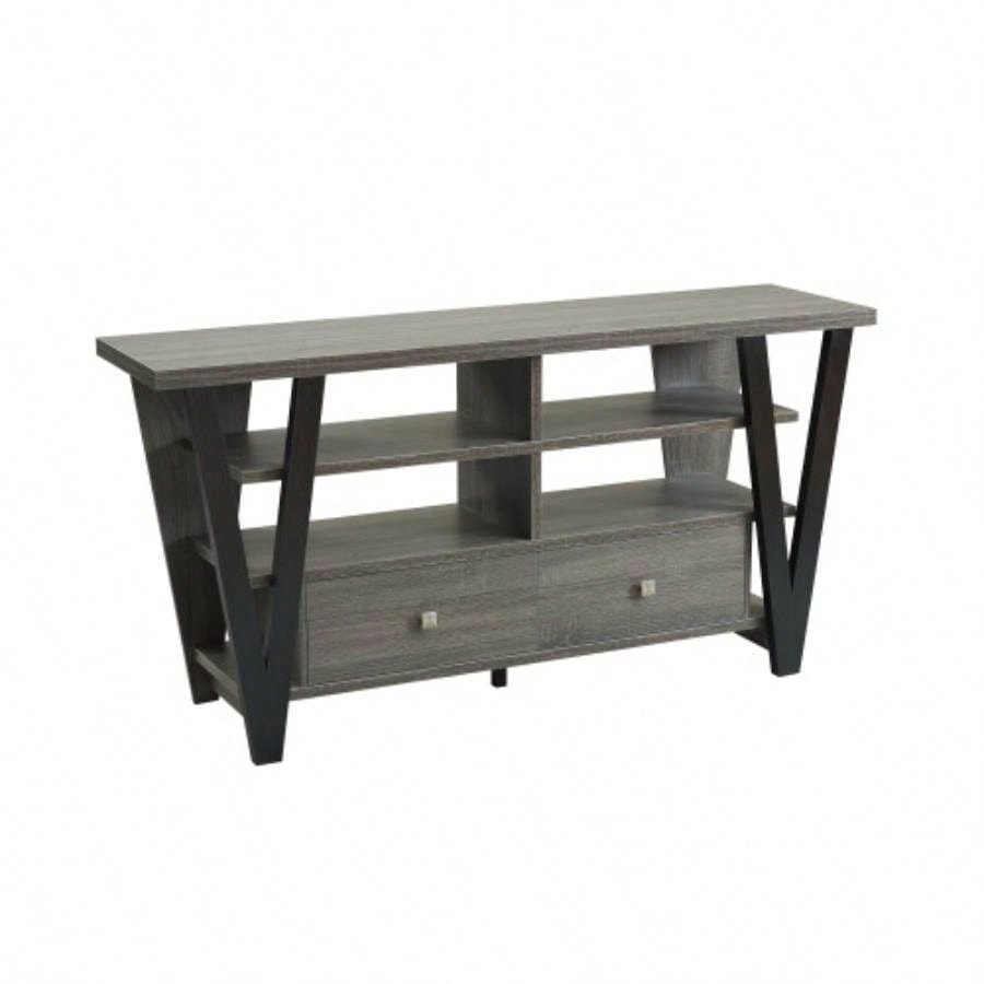 Tall TV Stand cabinet with two drawers on metal glides metal square knob handles and two divided shelf tiers