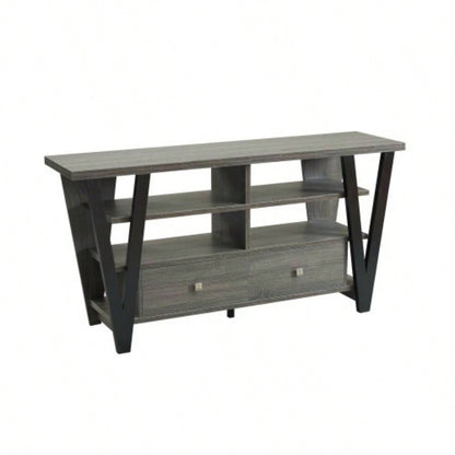 Tall TV Stand cabinet with two drawers on metal glides metal square knob handles and two divided shelf tiers