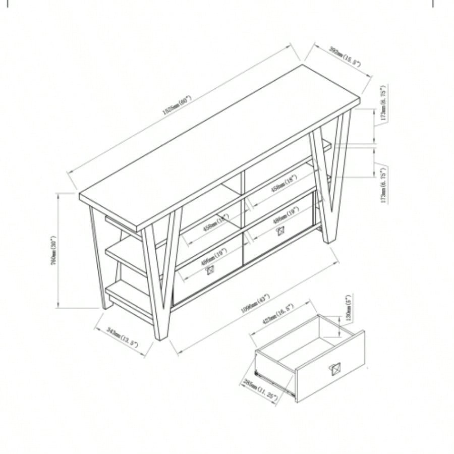 Tall TV Stand cabinet with two drawers on metal glides metal square knob handles and two divided shelf tiers