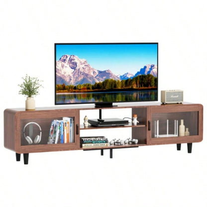 Mid Modern TV Stand 55/60/65/70 Inch TV, Wood Entertainment Center with Power Outlets, Media Console with Sliding Doors and Open Shelf Living Room, Walnut