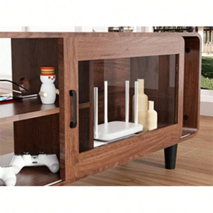 Mid Modern TV Stand 55/60/65/70 Inch TV, Wood Entertainment Center with Power Outlets, Media Console with Sliding Doors and Open Shelf Living Room, Walnut