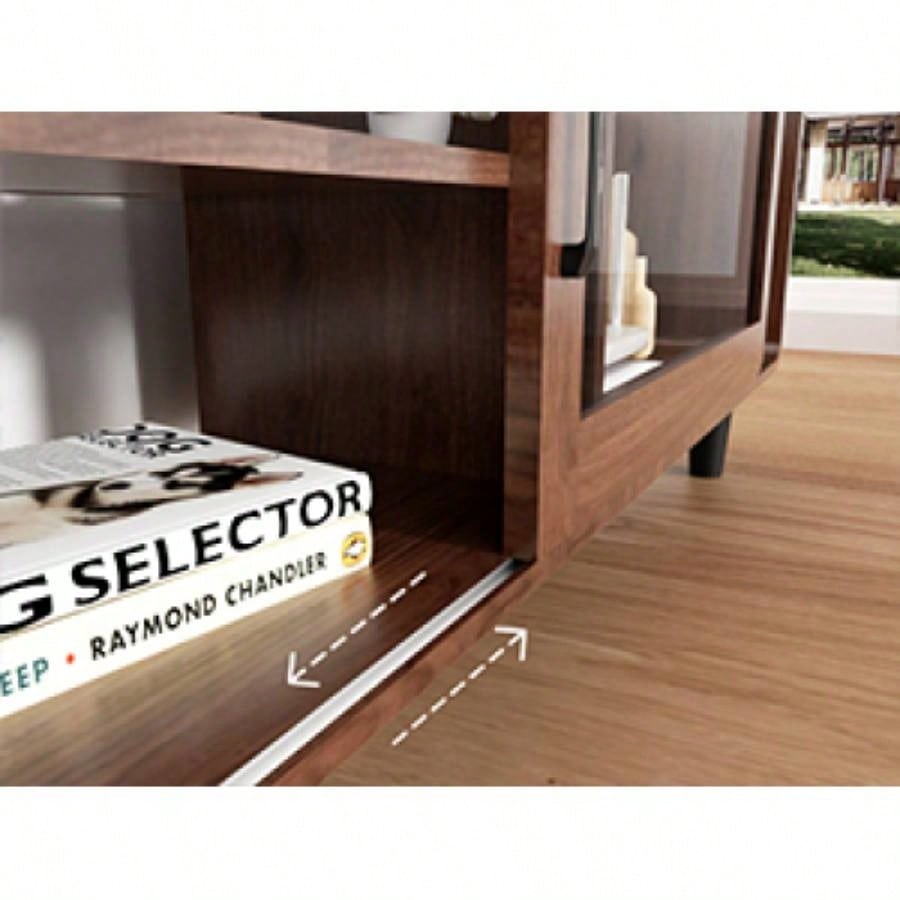 Mid Modern TV Stand 55/60/65/70 Inch TV, Wood Entertainment Center with Power Outlets, Media Console with Sliding Doors and Open Shelf Living Room, Walnut