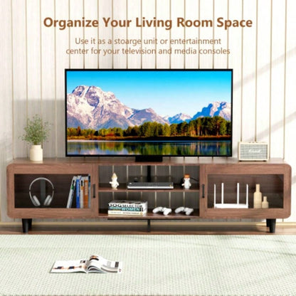 Mid Modern TV Stand 55/60/65/70 Inch TV, Wood Entertainment Center with Power Outlets, Media Console with Sliding Doors and Open Shelf Living Room, Walnut