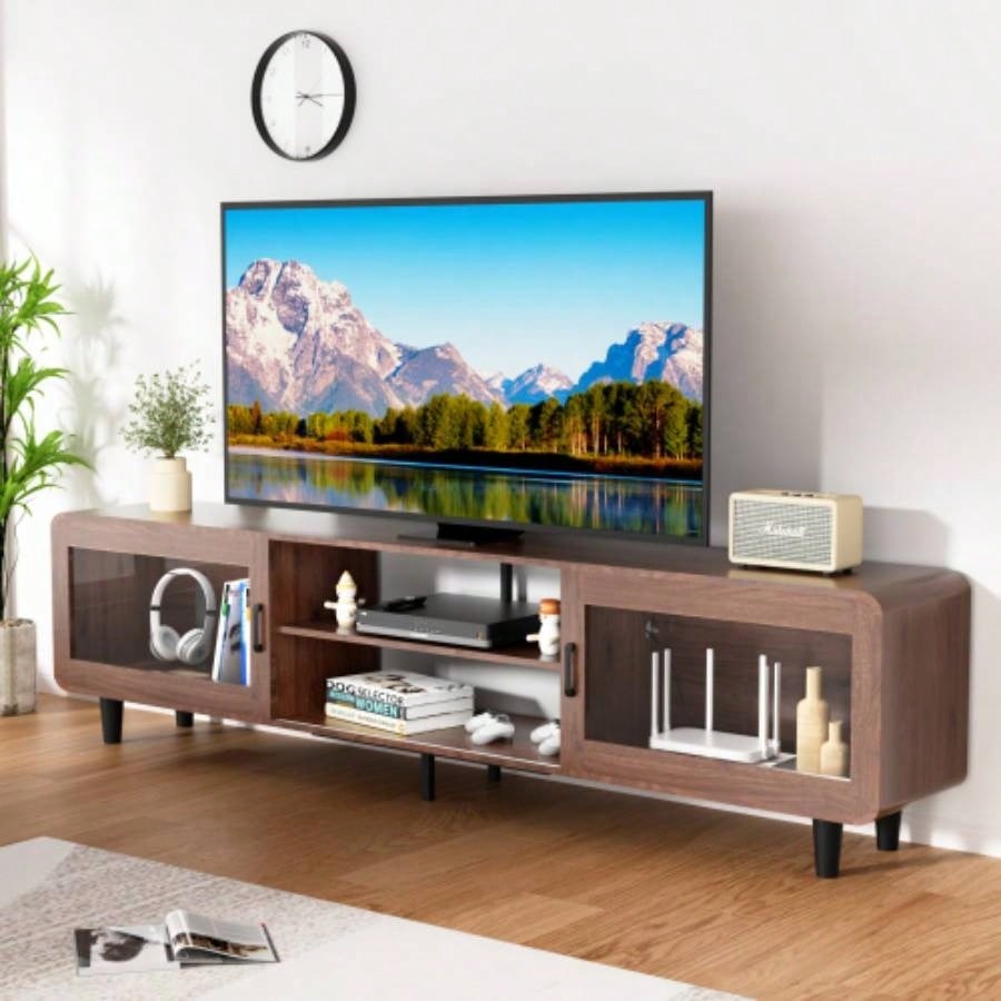 Mid Modern TV Stand 55/60/65/70 Inch TV, Wood Entertainment Center with Power Outlets, Media Console with Sliding Doors and Open Shelf Living Room, Walnut