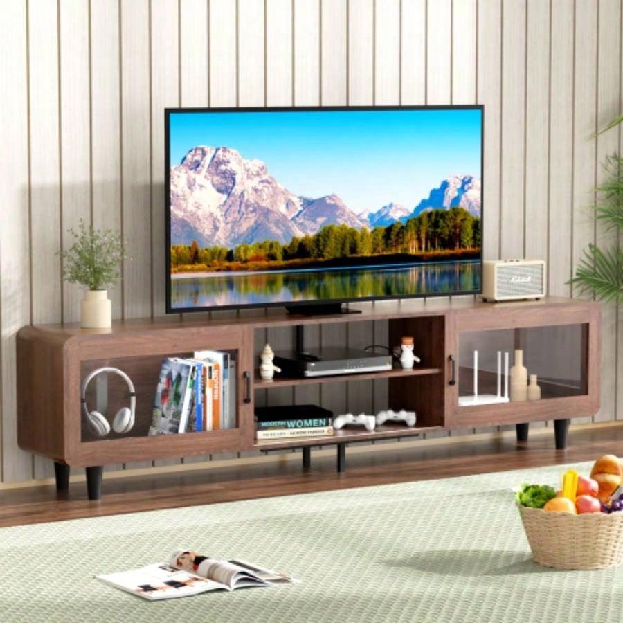 Mid Modern TV Stand 55/60/65/70 Inch TV, Wood Entertainment Center with Power Outlets, Media Console with Sliding Doors and Open Shelf Living Room, Walnut