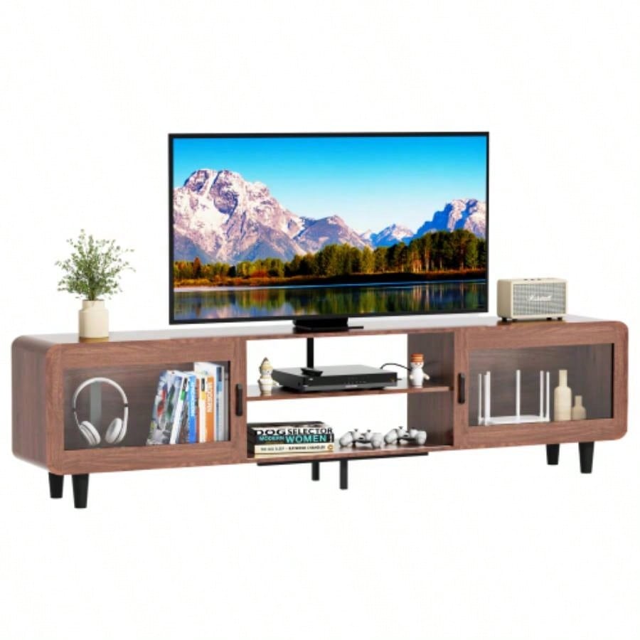 Mid Modern TV Stand 55/60/65/70 Inch TV, Wood Entertainment Center with Power Outlets, Media Console with Sliding Doors and Open Shelf Living Room, Walnut