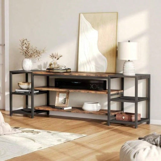 78. Long TV Stand 85+ Inch TVs, Modern Farmhouse Entertainment Center with 3 - Tier Storage Ventilated Shelves Steel Mesh Back, Brown Black