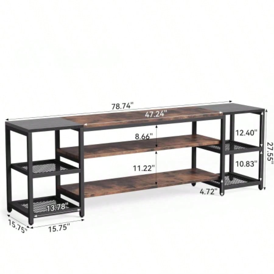 78. Long TV Stand 85+ Inch TVs, Modern Farmhouse Entertainment Center with 3 - Tier Storage Ventilated Shelves Steel Mesh Back, Brown Black