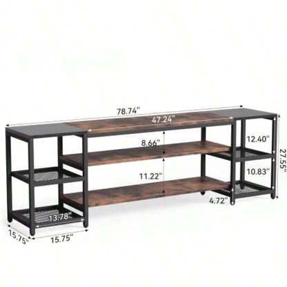 78. Long TV Stand 85+ Inch TVs, Modern Farmhouse Entertainment Center with 3 - Tier Storage Ventilated Shelves Steel Mesh Back, Brown Black