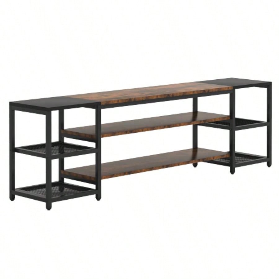 78. Long TV Stand 85+ Inch TVs, Modern Farmhouse Entertainment Center with 3 - Tier Storage Ventilated Shelves Steel Mesh Back, Brown Black