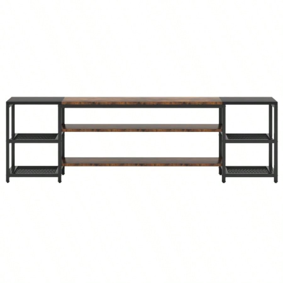 78. Long TV Stand 85+ Inch TVs, Modern Farmhouse Entertainment Center with 3 - Tier Storage Ventilated Shelves Steel Mesh Back, Brown Black