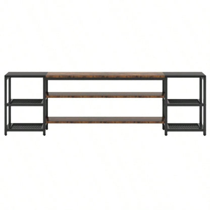 78. Long TV Stand 85+ Inch TVs, Modern Farmhouse Entertainment Center with 3 - Tier Storage Ventilated Shelves Steel Mesh Back, Brown Black