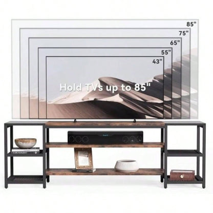 78. Long TV Stand 85+ Inch TVs, Modern Farmhouse Entertainment Center with 3 - Tier Storage Ventilated Shelves Steel Mesh Back, Brown Black