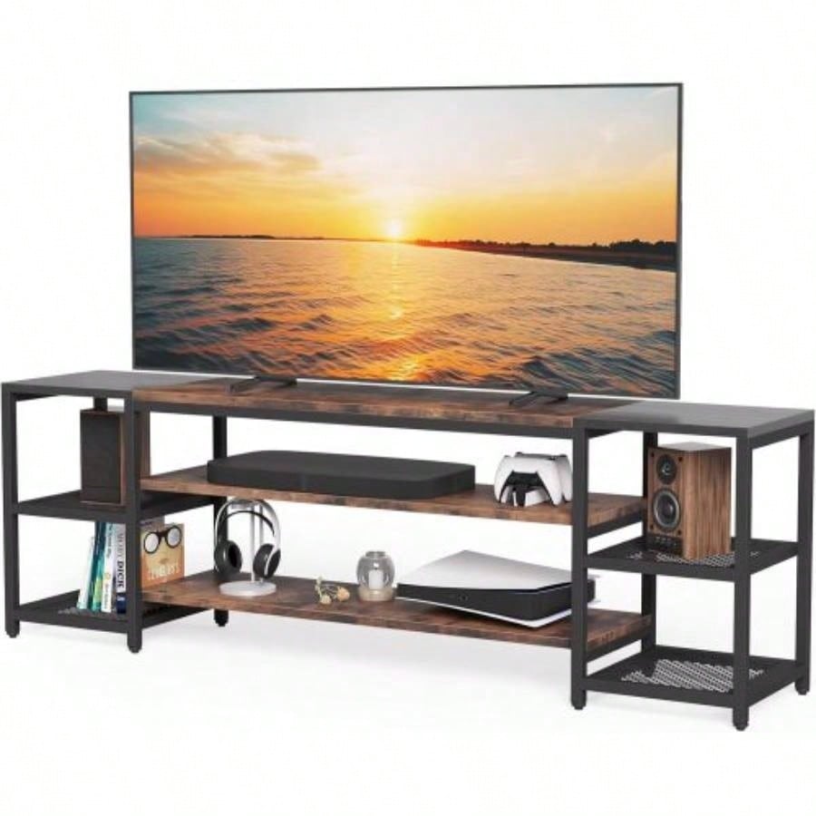 78. Long TV Stand 85+ Inch TVs, Modern Farmhouse Entertainment Center with 3 - Tier Storage Ventilated Shelves Steel Mesh Back, Brown Black