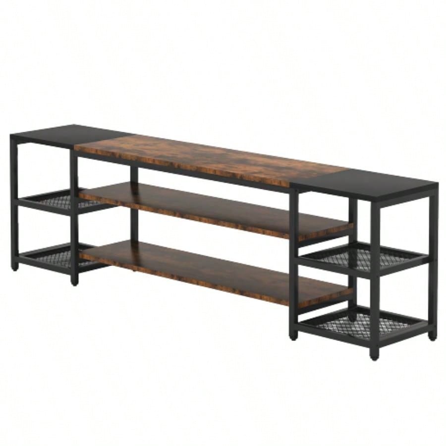 78. Long TV Stand 85+ Inch TVs, Modern Farmhouse Entertainment Center with 3 - Tier Storage Ventilated Shelves Steel Mesh Back, Brown Black