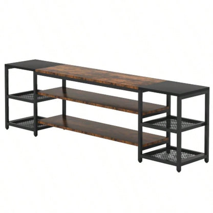 78. Long TV Stand 85+ Inch TVs, Modern Farmhouse Entertainment Center with 3 - Tier Storage Ventilated Shelves Steel Mesh Back, Brown Black
