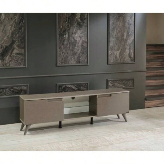 FurnisHome Store Denver Mid Modern Tv Stand 2 Door Cabinets 1 Glass Shelf 66 inch Tv Unit, Brown