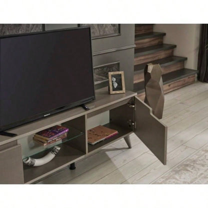 FurnisHome Store Denver Mid Modern Tv Stand 2 Door Cabinets 1 Glass Shelf 66 inch Tv Unit, Brown