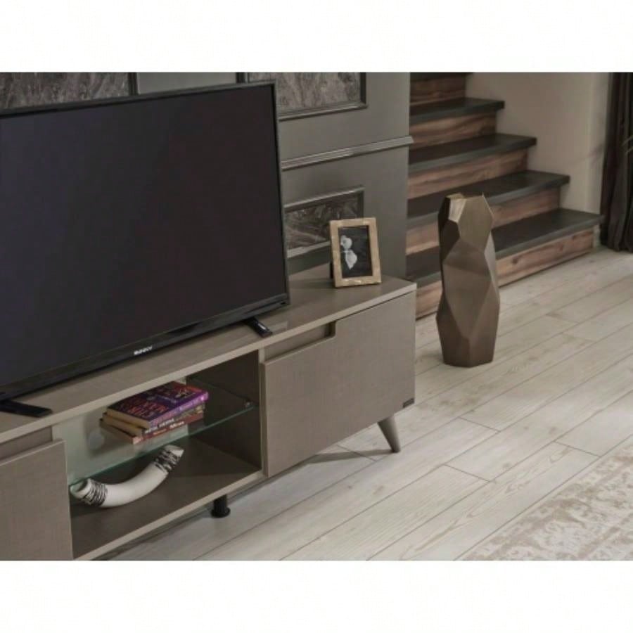 FurnisHome Store Denver Mid Modern Tv Stand 2 Door Cabinets 1 Glass Shelf 66 inch Tv Unit, Brown