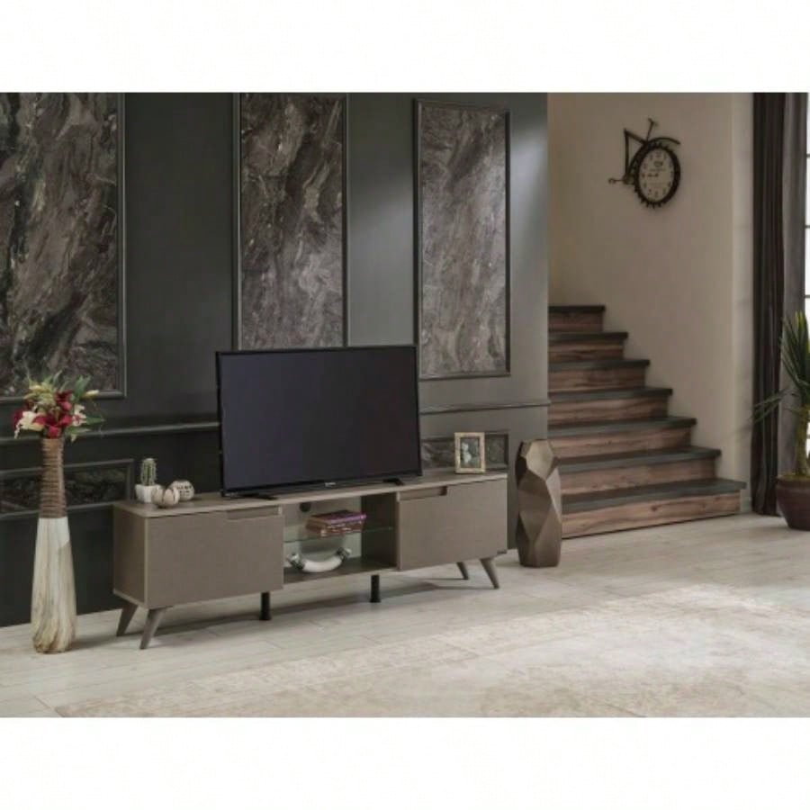 FurnisHome Store Denver Mid Modern Tv Stand 2 Door Cabinets 1 Glass Shelf 66 inch Tv Unit, Brown