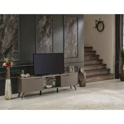 FurnisHome Store Denver Mid Modern Tv Stand 2 Door Cabinets 1 Glass Shelf 66 inch Tv Unit, Brown