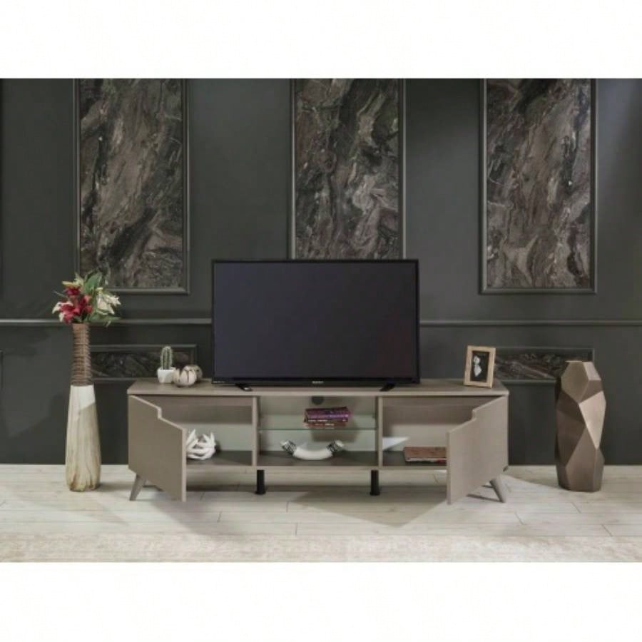 FurnisHome Store Denver Mid Modern Tv Stand 2 Door Cabinets 1 Glass Shelf 66 inch Tv Unit, Brown